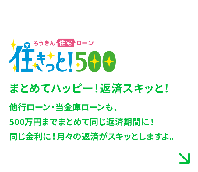 まとめてハッピー！返済スキッと！他行ローン・当庫ローンも、500万円までまとめて同じ返済期間に！同じ金利に！月々の返済がスキッとしますよ。