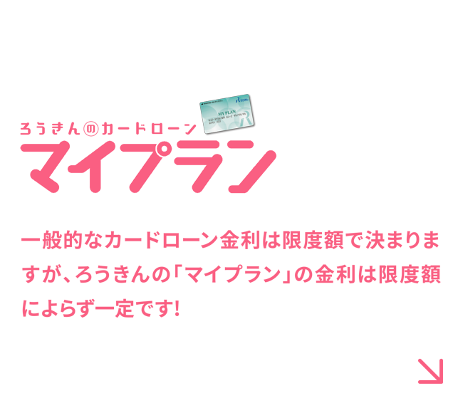 【金利】年3.80%～年10.98%　一般的なカードローン金利は限度額で決まりますが、ろうきんの「マイプラン」の金利は限度額によらず一定です!